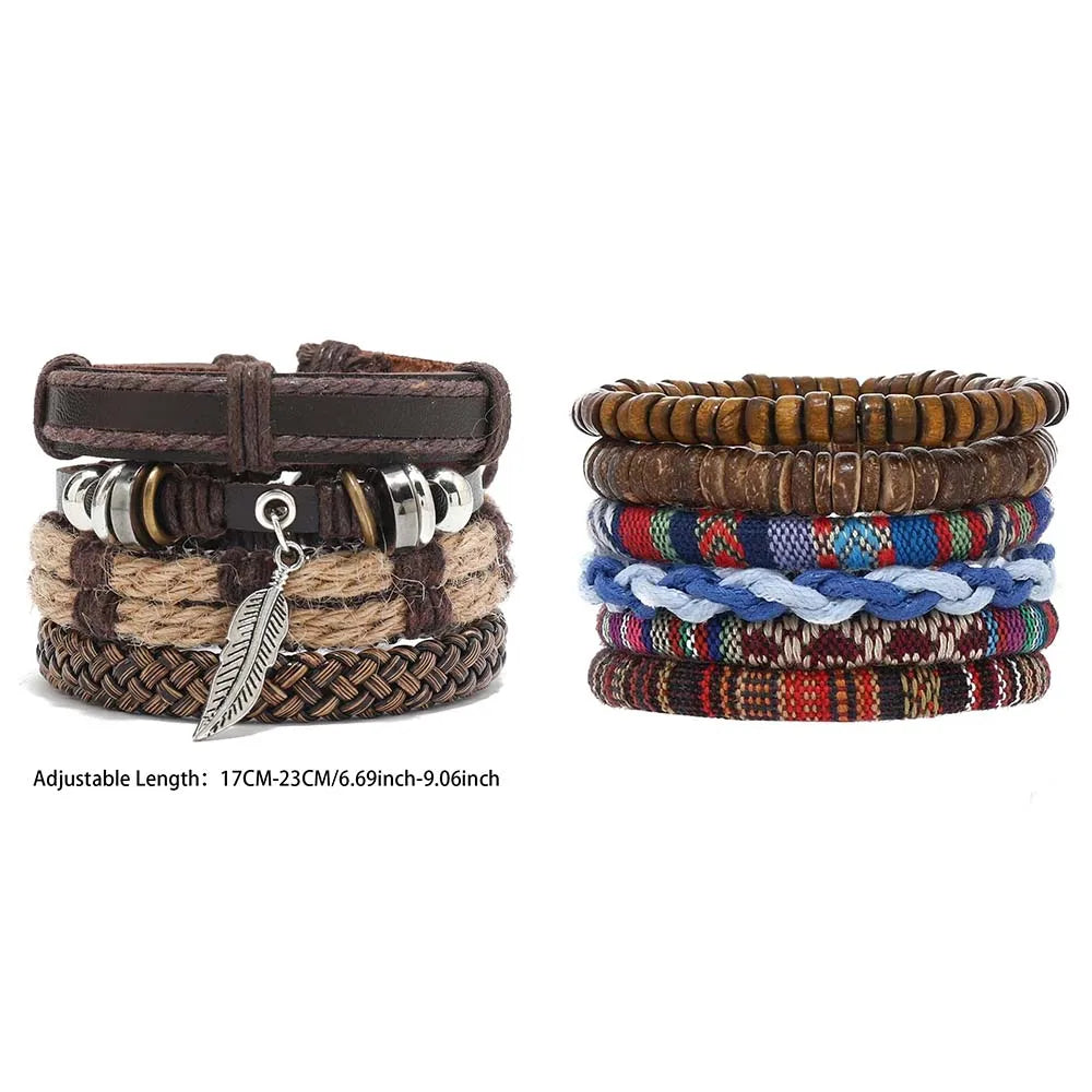 Pulseira de couro boêmio masculina, pulseira tecida à mão, pulseira de contas de madeira para homens, pulseira com pingente, joias masculinas