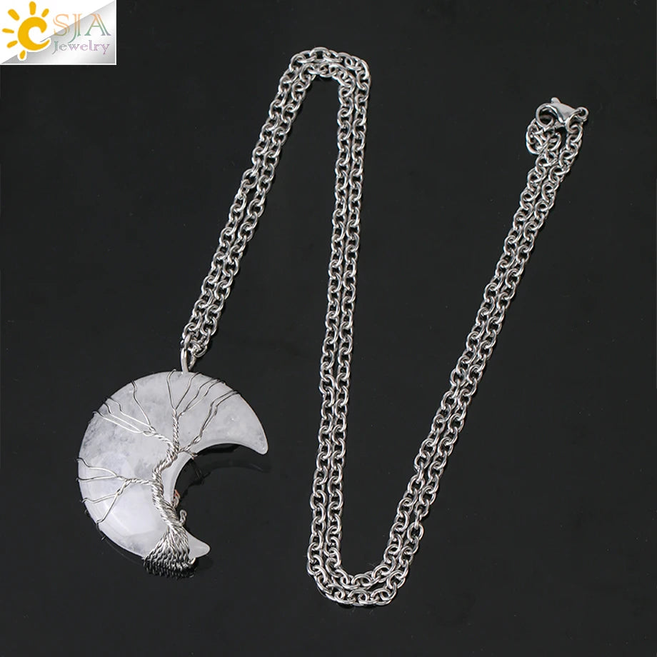 CSJA-Cristal Natural Colar de Pingentes, Lua Crescente Árvore da Vida, Quartzo Rosa, Natural Pedra Chip, Talão Pingentes de Resina, Jóias H151