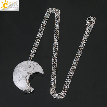 CSJA-Cristal Quartzo Rosa Natural Colar de Pingentes Mulher, Forma de Lua, Árvore da Vida, Pedra Natural, Pingentes Reiki, Jóias, G990