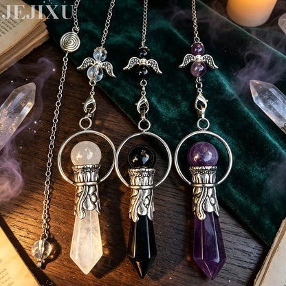 Pêndulo de Cristal Natural para Adivinhação, Radiestesia, Pingente de Pedra Hexagonal, Ametistas, Obsidiana Negra, Quartzo Espiritual, pingente de pedras naturais verdadeiras pendulos de cristais espiritual