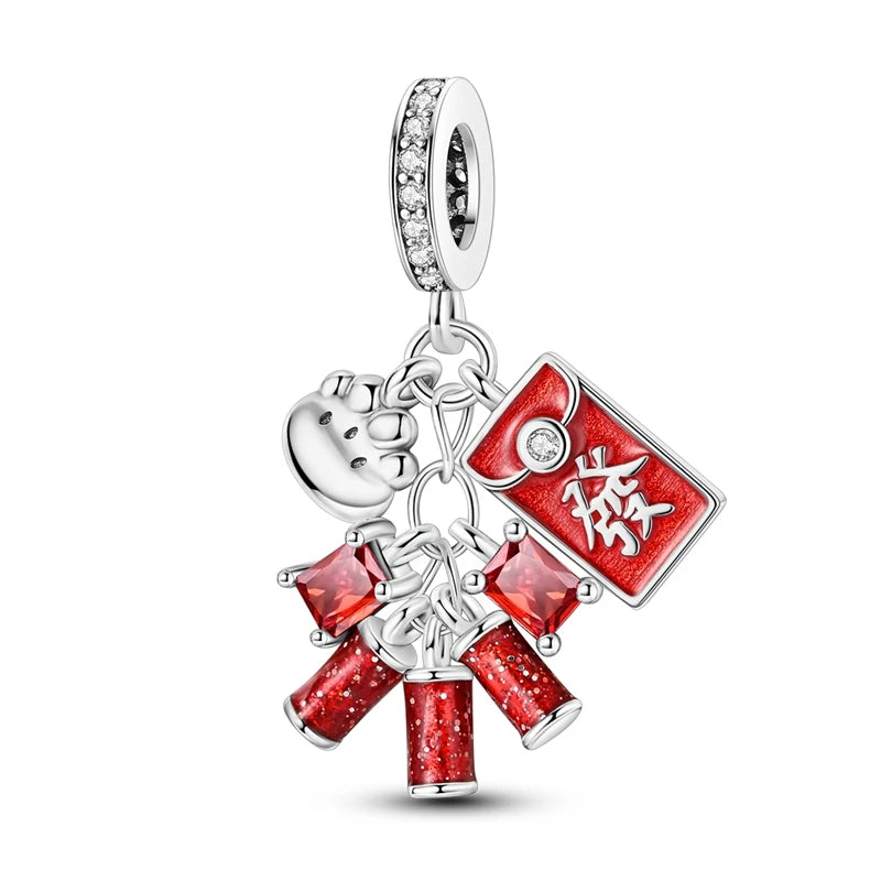 Original 925 prata esterlina encantos grânulo china ano novo vermelho encantos nova boneca pingente fecho aberto caber multi estilo pulseira original