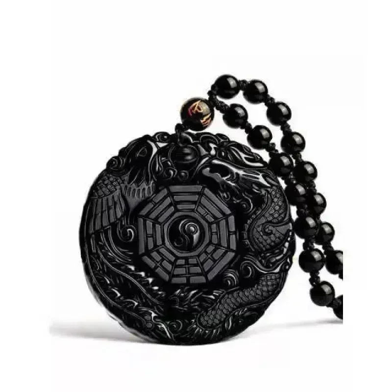 Colar com pingente de fofoca de obsidiana, escultura em forma de dragão e fênix, amuleto da sorte, joias de pérola mantra de seis caracteres
