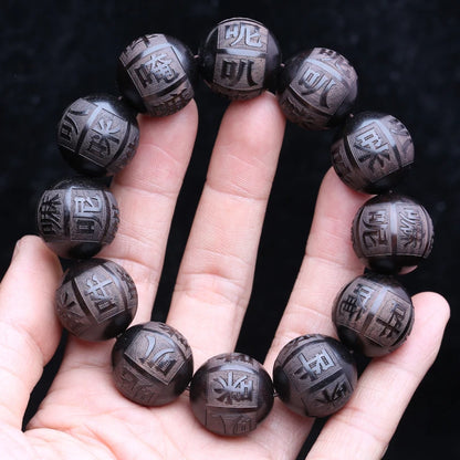 Natural ebony frisado tibetano budista pulseira 18mm 20mm masculino amuleto elástico