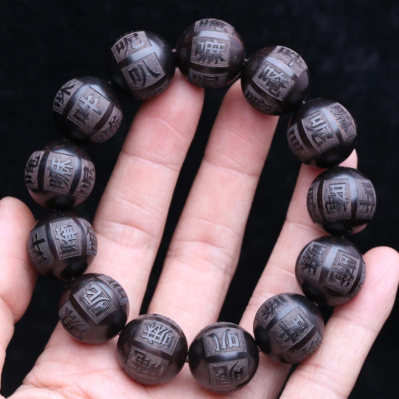 Natural ebony frisado tibetano budista pulseira 18mm 20mm masculino amuleto elástico
