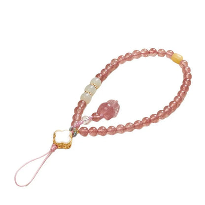 Pingente de Raposa em Quartzo Morango Natural Estilo Chinês com Cordão para Celular, Alça de Pulso em Jade Hetian e Âmbar, Decoração para Boa Sorte e Bênção