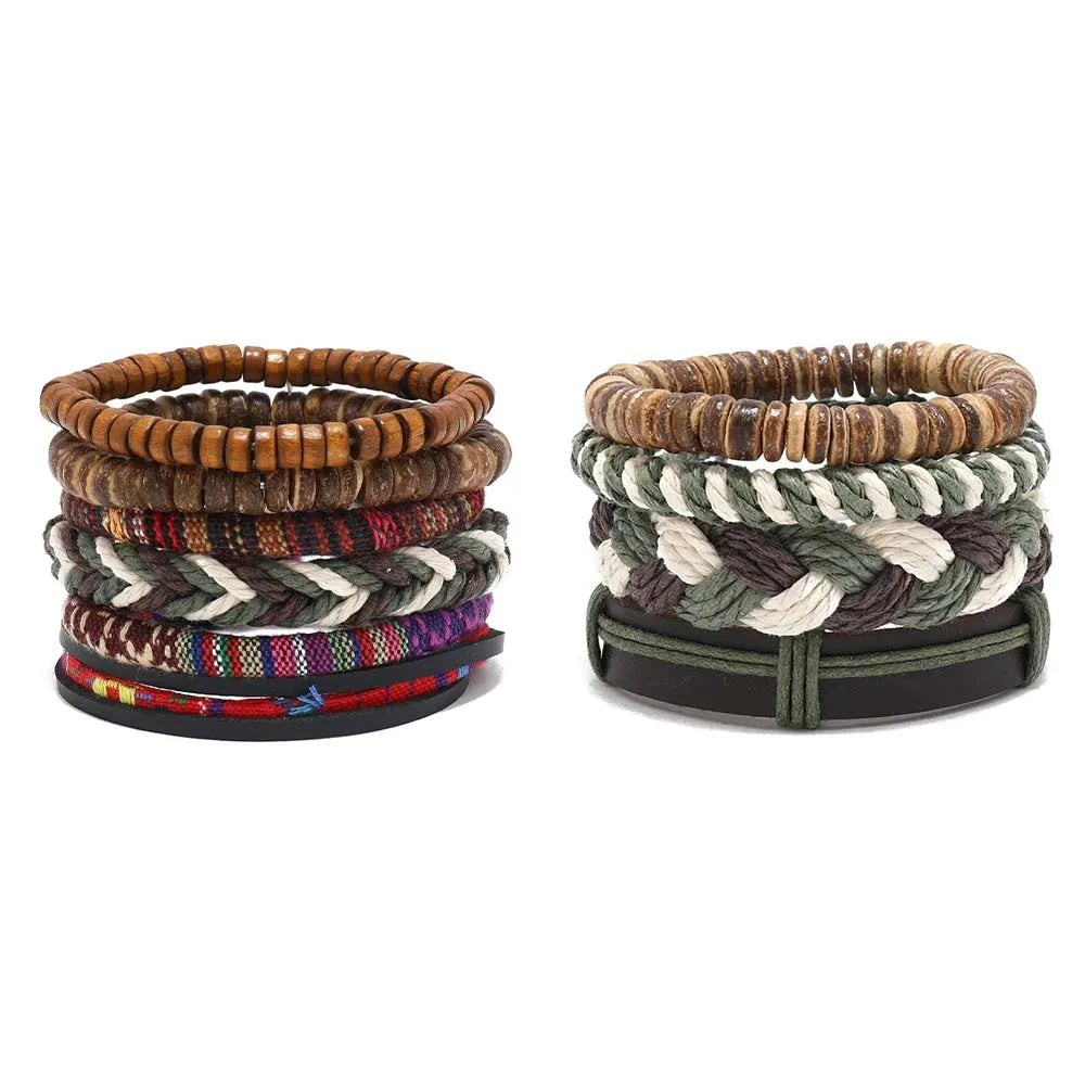 Pulseira de couro boêmio masculina, pulseira tecida à mão, pulseira de contas de madeira para homens, pulseira com pingente, joias masculinas