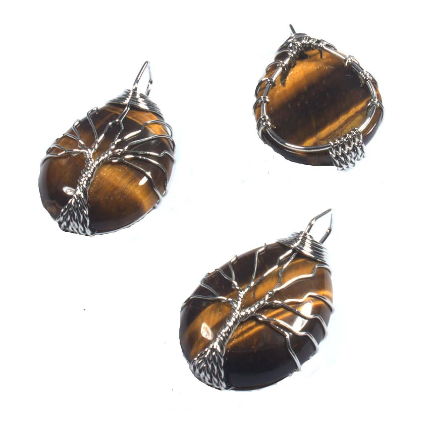 Pingente de Ágata com Cristais de Cura em Quartzo Rosa e Ametista Roxa Natural, com Design de Árvore da Vida e Gota de Água, Enrolado em Arame, Joia para Mulheres