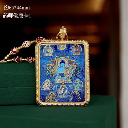 Colar Buda da Medicina Thangka FX-22 em Aço Titânio com Pigmento Mineral Vegetal - Patrimônio Cultural Imaterial