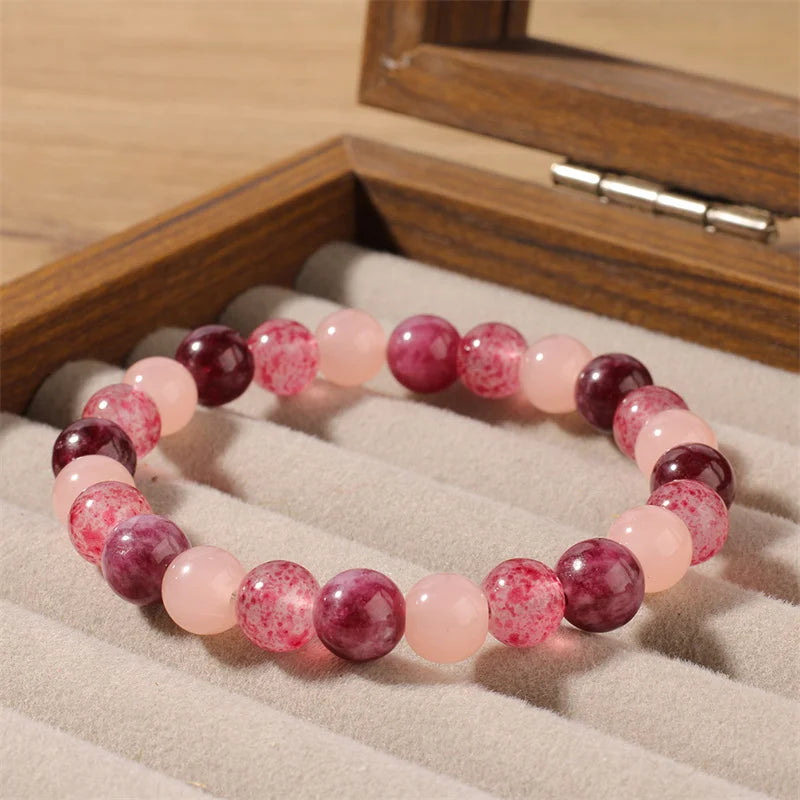 Pulseira de quartzo morango e granada rosa, joias encantadoras para o outono e inverno, presentes para namorada, pulseiras de pedra natural