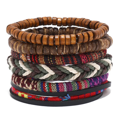 Pulseira de couro boêmio masculina, pulseira tecida à mão, pulseira de contas de madeira para homens, pulseira com pingente, joias masculinas