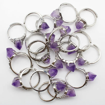 Anel de cristal de ametista natural galvanizado cor dourada anel ajustável presente de feriado feminino 6 peças estilo aleatório atacado