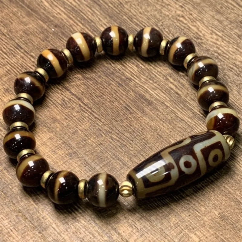 Pulseira de Ágata Brilhante Dzi Boutique, Pulseira Tibetana de Nove Olhos para Homens e Mulheres