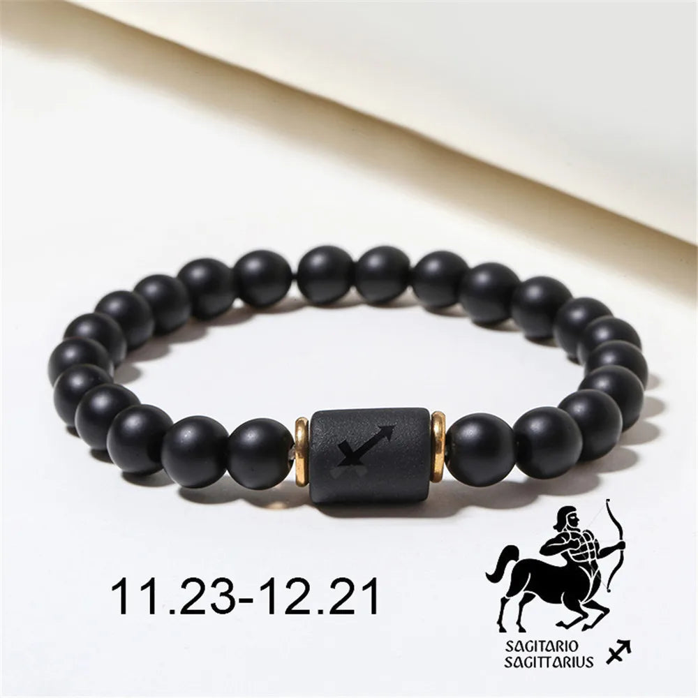 Zodiac Frisado Pulseiras para Homens e Mulheres, 12 Constelações, Ágata Matte Preto, Corda Elástica, Contas Pulseira, Casal Jóias, Presentes