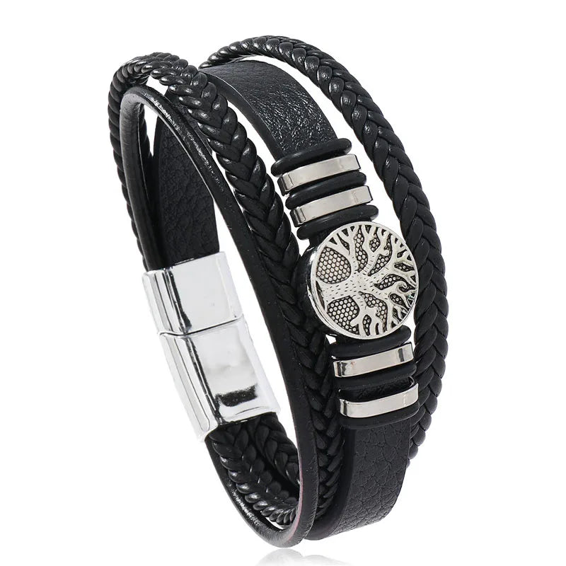 Pulseiras de couro feitas à mão para homens, pingente de árvore da vida da sorte, punk, em camadas, pulseira masculina, acessórios de joias de mão
