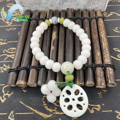 Pulseira Budista de Sementes Bodhi de Jade Branco Natural Ajustável com Contas de Lótus, Joia de Meditação Zen, Presente Artesanal Espiritual para Homens e Mulheres