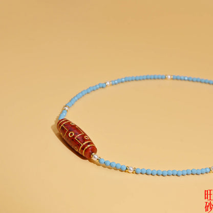 Colar de contas Dzi vermelhas da sorte em estilo chinês, colar de contas turquesa para mulheres, joias étnicas para bênção da fortuna, presente para uso diário.