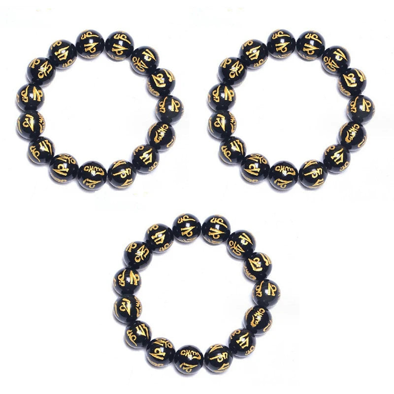 Budismo tibetano seis palavras mantra pulseiras para homens mulheres preto obsidiana amuleto sorte pulseiras jóias com caixa de presente