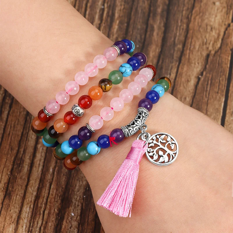 Pulseira de pedra preciosa natural, quartzo rosa, olho de tigre, 108 mala, contas de oração, envoltório de cura, 7 chakras, joias de meditação e662