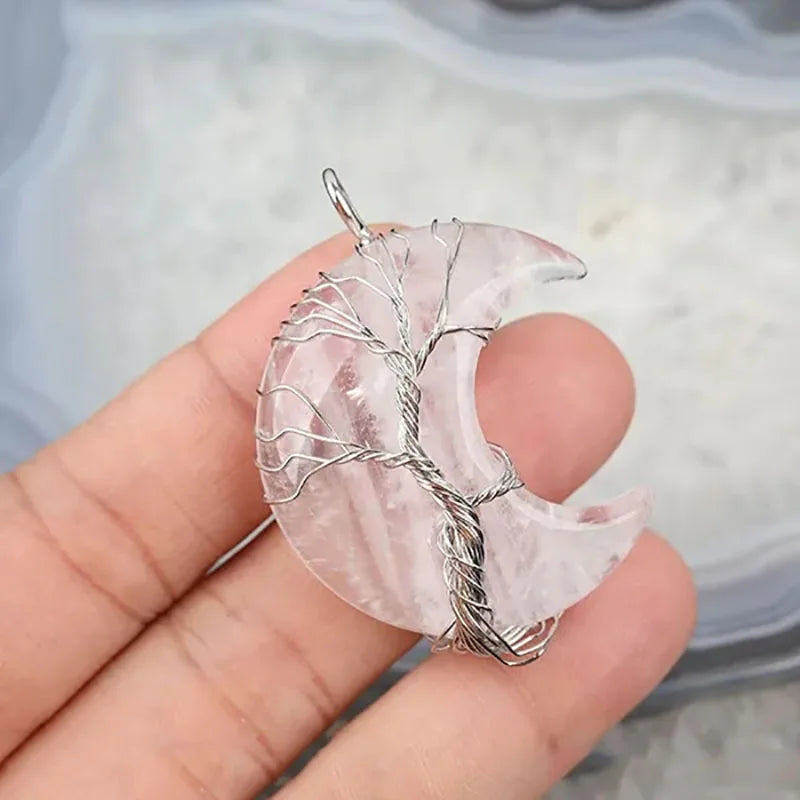Pingente de cristal natural fio envoltório árvore da vida grande lua crescente pedra mineral pêndulo ametista quartzo colar para presente feminino