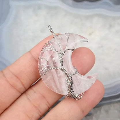 Pingente de cristal natural fio envoltório árvore da vida grande lua crescente pedra mineral pêndulo ametista quartzo colar para presente feminino