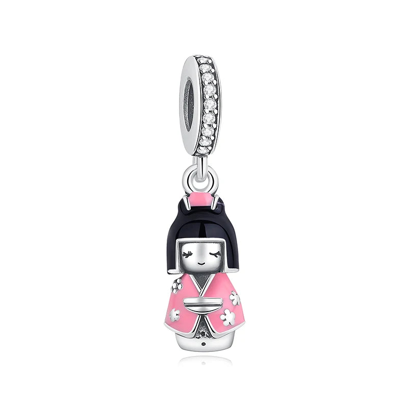 Charms Originais de Prata Esterlina 925, Pingente de Gato da Sorte, Boneca Japonesa, Presente de Ano Novo, Pulseiras e Colares para Mulheres, Joias