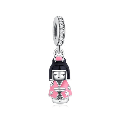 Charms Originais de Prata Esterlina 925, Pingente de Gato da Sorte, Boneca Japonesa, Presente de Ano Novo, Pulseiras e Colares para Mulheres, Joias