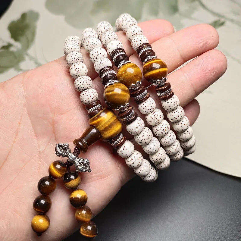 Pulseira e colar de contas de oração com pedra olho de tigre e estrela e lua, semente de Bodhi de Hainan, 108, unissex, budista