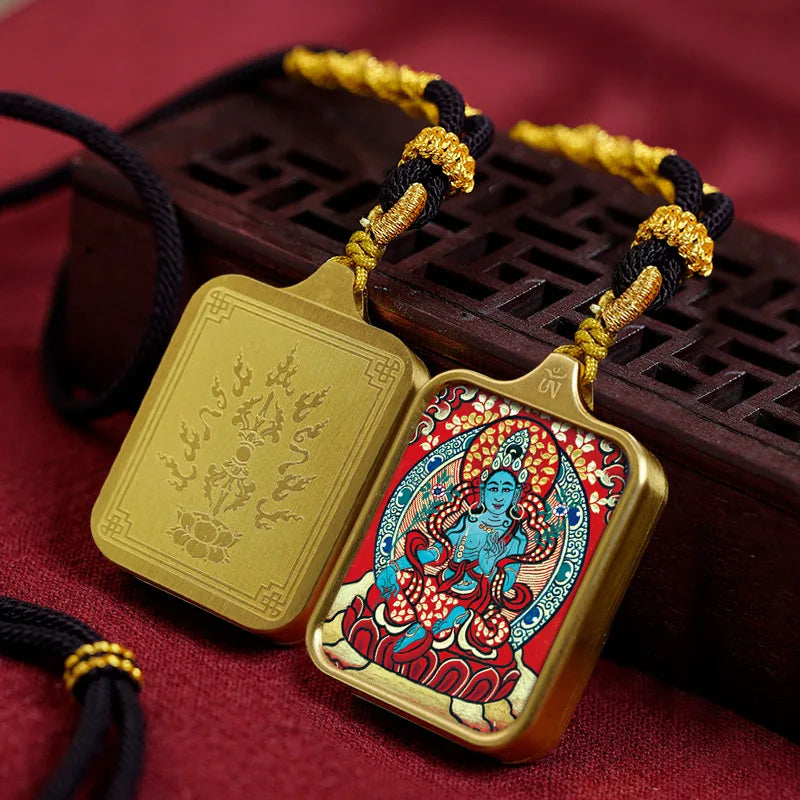 Vintage titânio aço thangka pingentes estilo tibetano zhakiram amarelo deus da riqueza colar talismã masculino e feminino