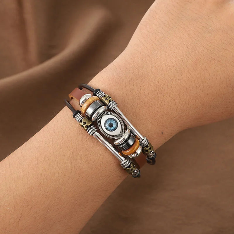 Mal olhado fatima mão charme pulseiras para mulheres homens pulseira de couro genuíno turco azul olho pulseira sorte mão jóias presentes