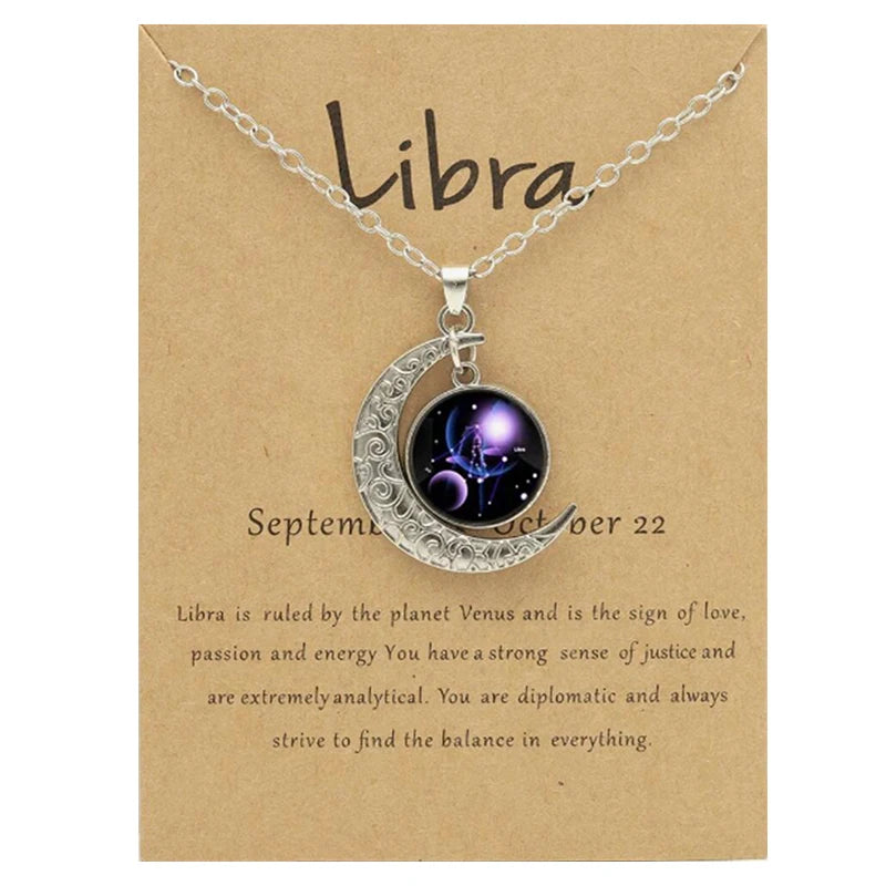 Colar de pingente de lua com 12 signos do zodíaco de vidro com cartão vintage astrologia constelação joias presentes