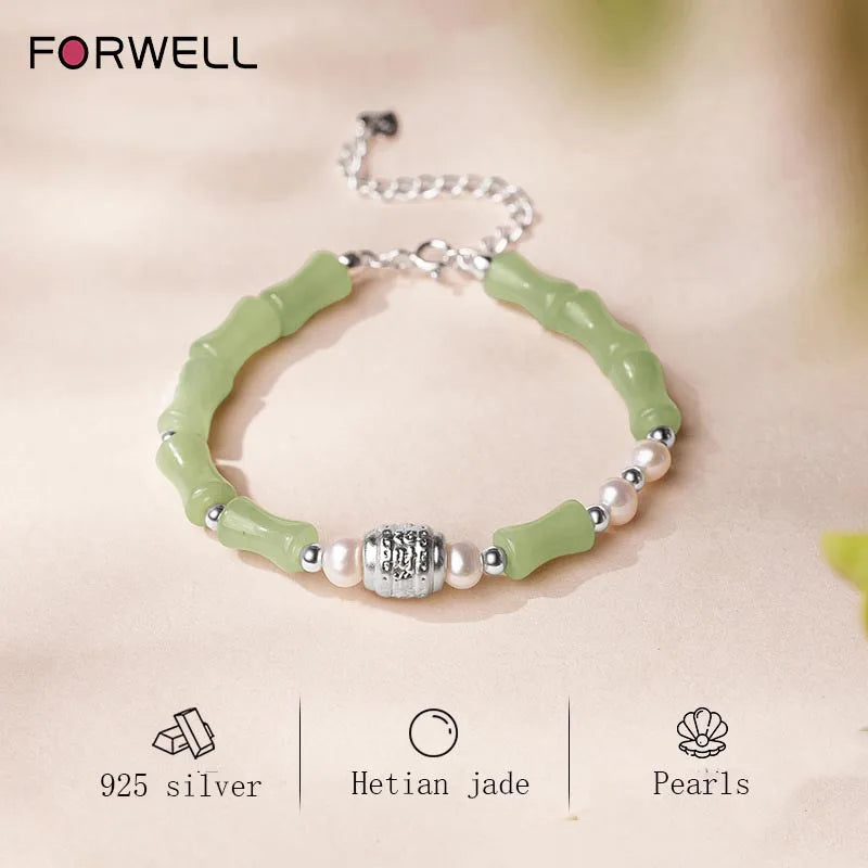 Pulseira de Prata Esterlina de Alta Qualidade com Pérola Natural e Jade Hetian em Forma de Nó de Bambu para Mulheres, Presente de Joalheria