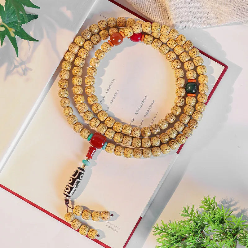 Pulseira de Contas 108 Sementes de Bodhi Douradas Naturais Envelhecidas Estrela e Lua, Contas de Oração Wenwan Mala para Homens e Mulheres, Joia para Alívio do Estresse, Presente
