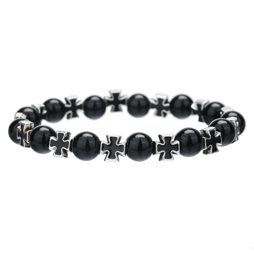 Moda vintage cruz frisado pulseiras para homens proteção de saúde ins estilo retro fosco pedra pulseiras na mão