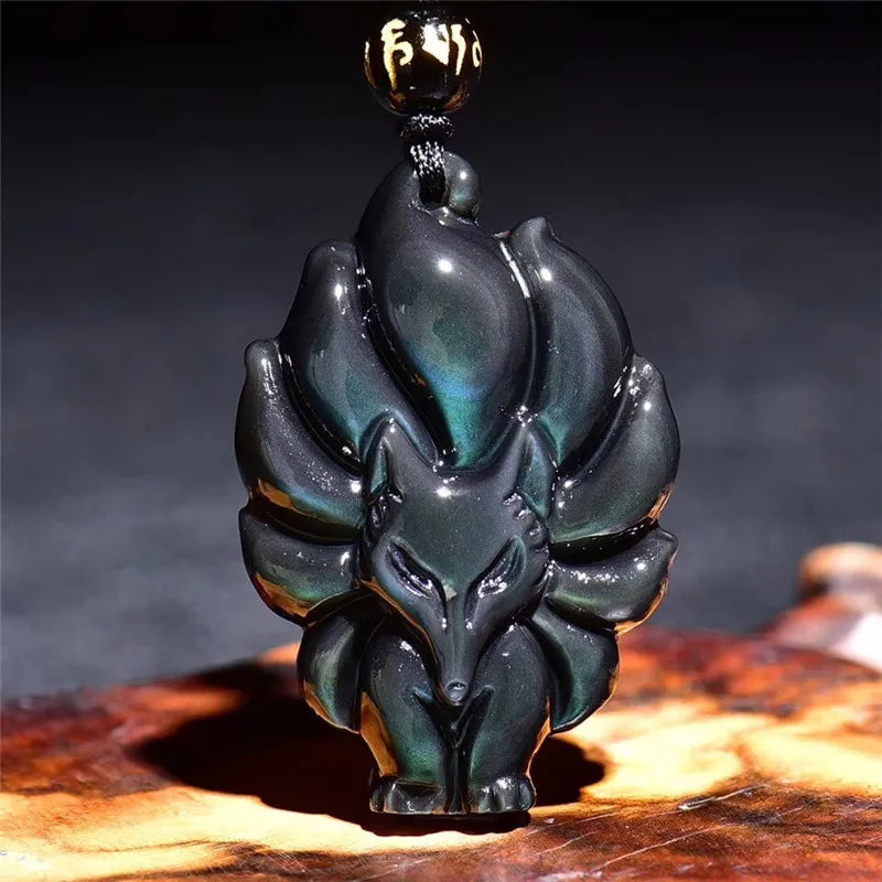 Natural chinês arco-íris olho obsidian mão esculpida nove cauda pingente de raposa moda jóias masculino e feminino colar presente popular