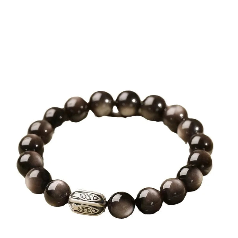 Pulseira de prata S999 com obsidiana prateada, estilo chinês, com motivo de carpa koi da sorte, para o Ano do Dragão, que traz bênçãos e prosperidade, unissex, presente para casais.
