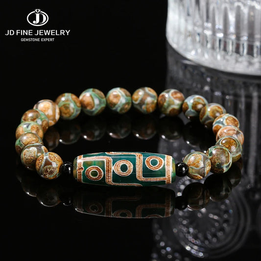 Jd natural verde nove olhos tibetano dzi ágata barril contas pulseira feminino masculino retro cura buda oração charme yoga jóias presente