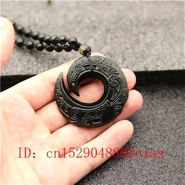 Chinês natural preto verde jade decorativo runa pingente contas colar charme jóias obsidiana dupla face esculpida amuleto presentes