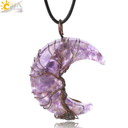 CSJA-Cristal Natural Colar de Pingentes, Lua Crescente Árvore da Vida, Quartzo Rosa, Natural Pedra Chip, Talão Pingentes de Resina, Jóias H151