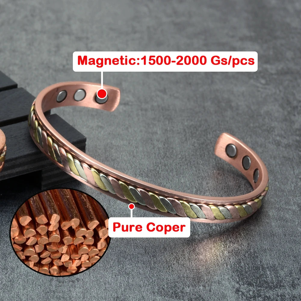 Vinterly-Pulseiras Magnéticas de Cobre para Mulheres, 8mm, Rosa Torcida, Ajustável, Ímãs de Energia Sanitária, Pulseiras Metálicas, Punho Redimensionável, Jóias
