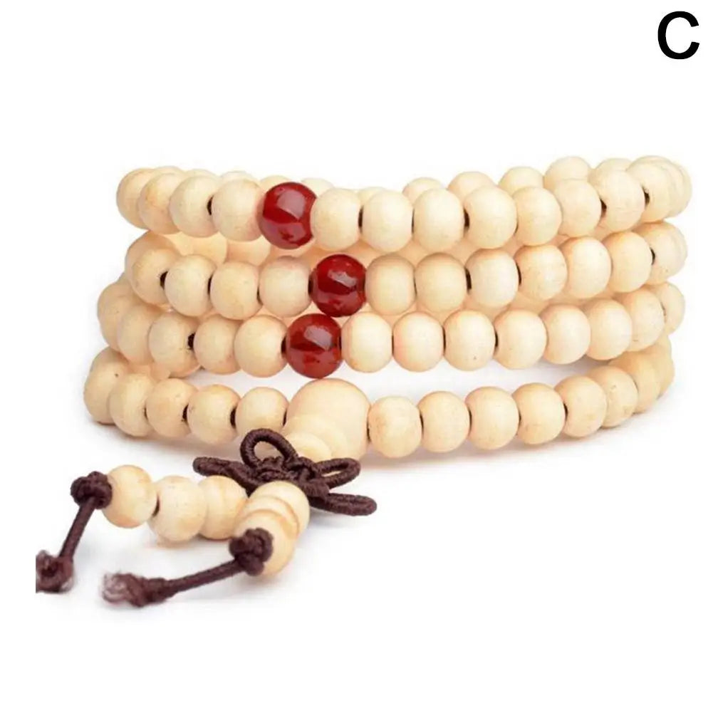 Terço de Contas Budistas de Sândalo Vermelho Estilo Chinês com Folha Pequena, Pulseira e Colar de Contas Multicamadas com Laca para Homens e Mulheres