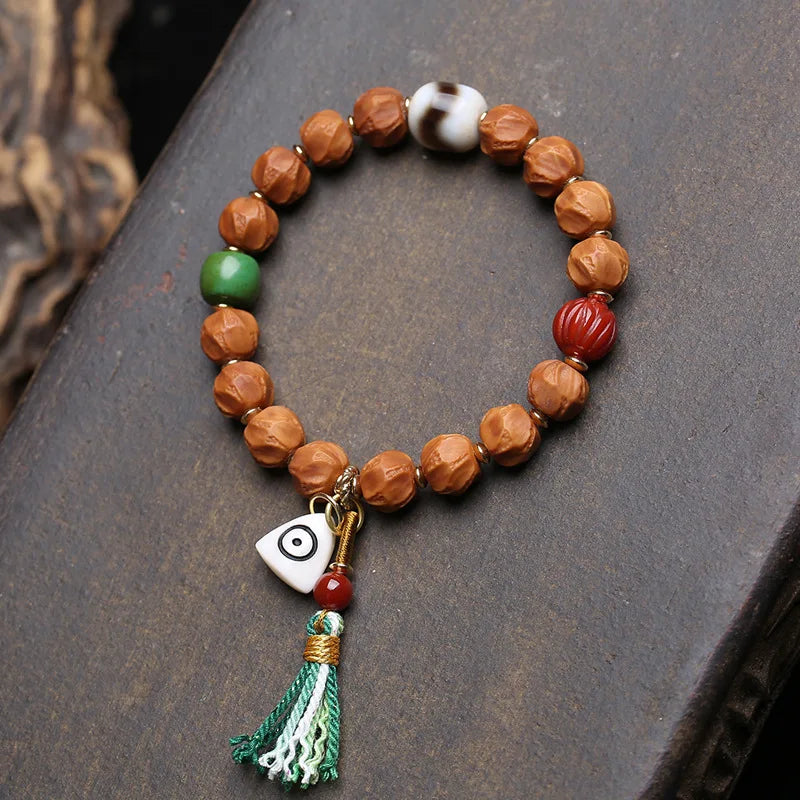 Pulseira de bodhi cor natural com contas de ágata de dente de tigre de laço único e pingente de osso de veado, acessório budista.