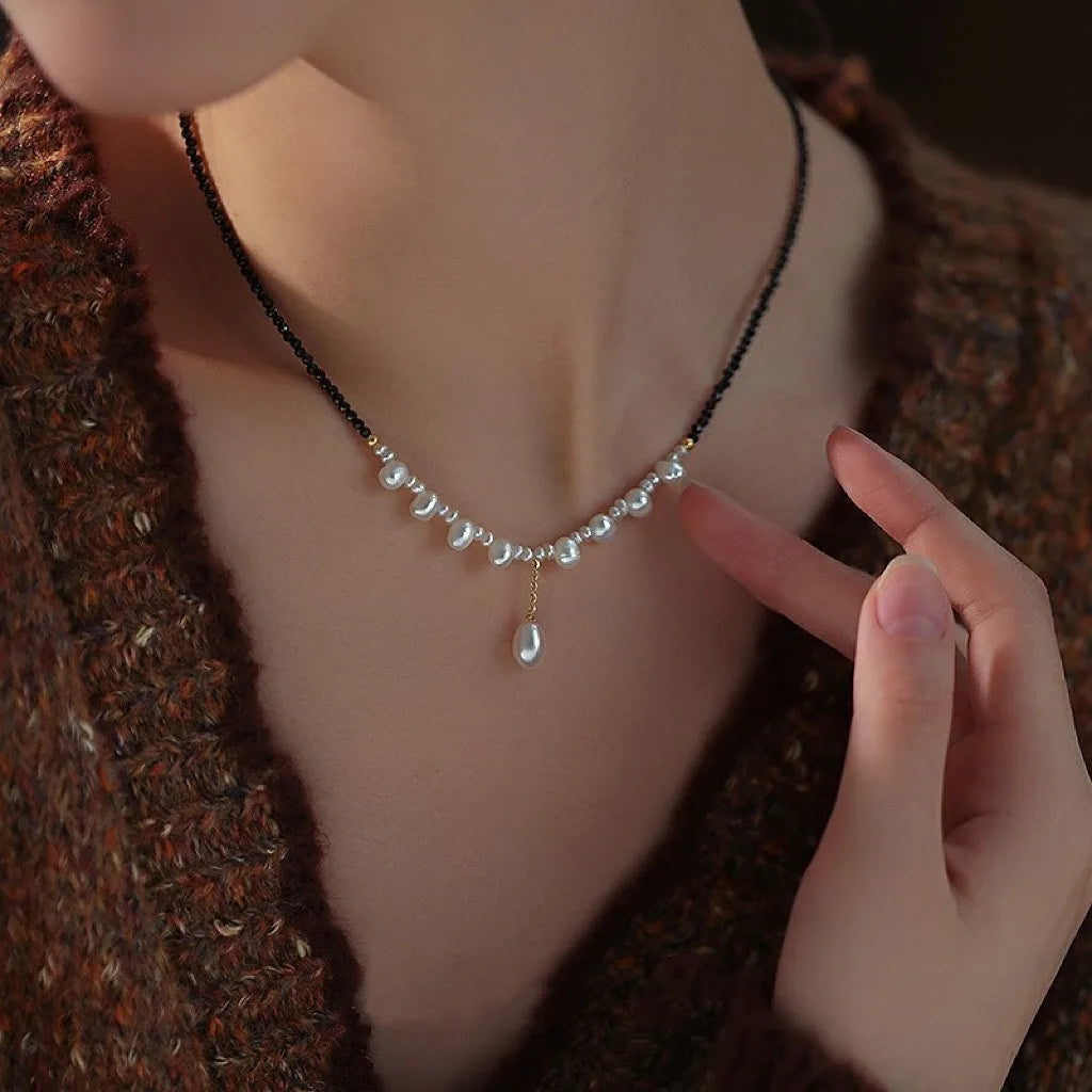 Nova chegada elegante pedra de espinel preto & pérola de água doce natural 14k ouro preenchido feminino pingente colar jóias nunca desaparecer