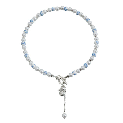 Novo colar com pingente de cabaça em estilo chinês para mulheres, com porcelana azul e branca e pérolas artificiais, joia de pescoço moderna e elegante.