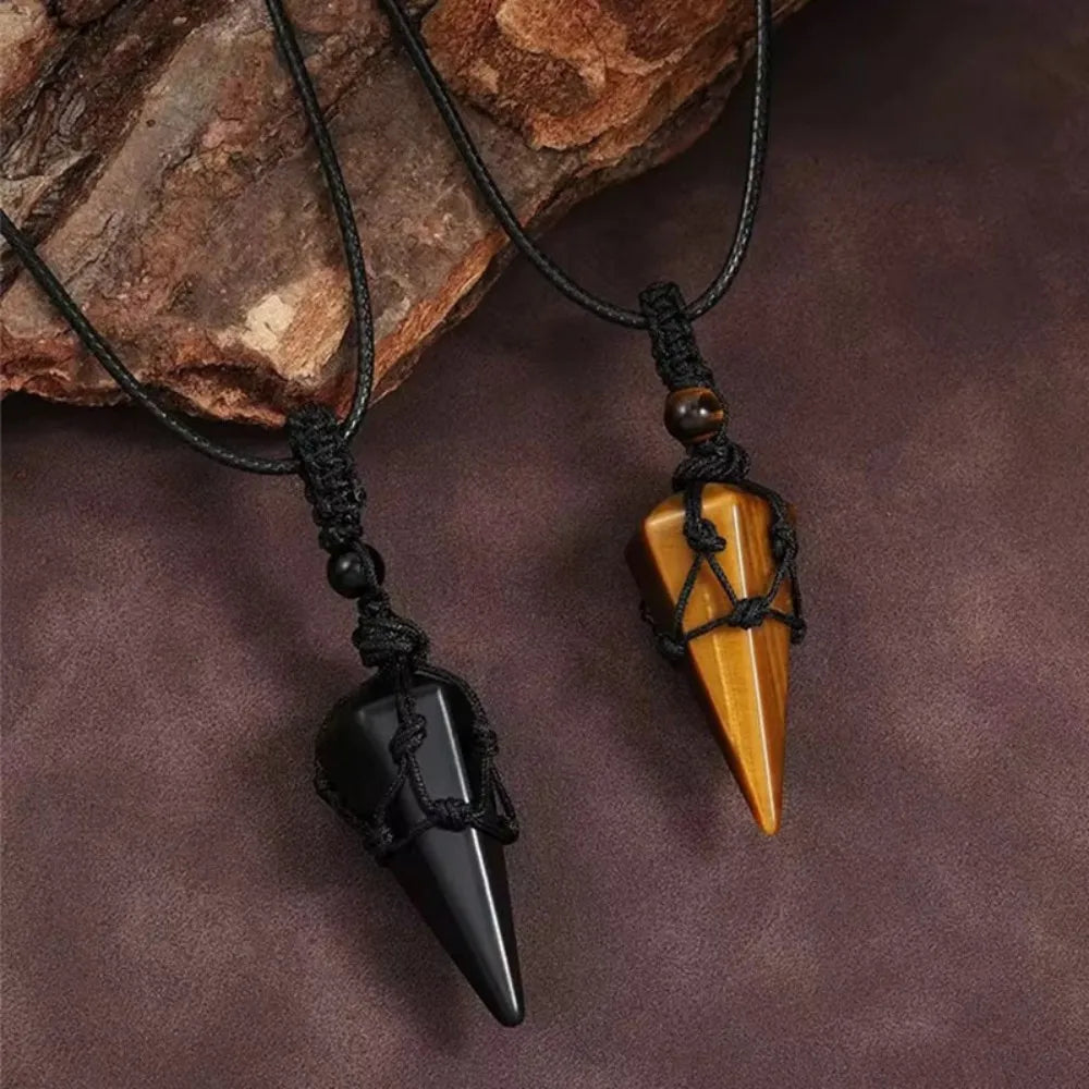 Colar com pingente em forma de cone de obsidiana e olho de tigre natural, para homens e mulheres, com cordão trançado à mão, pingente de cristal em forma de pêndulo, joia para oferecer como presente.