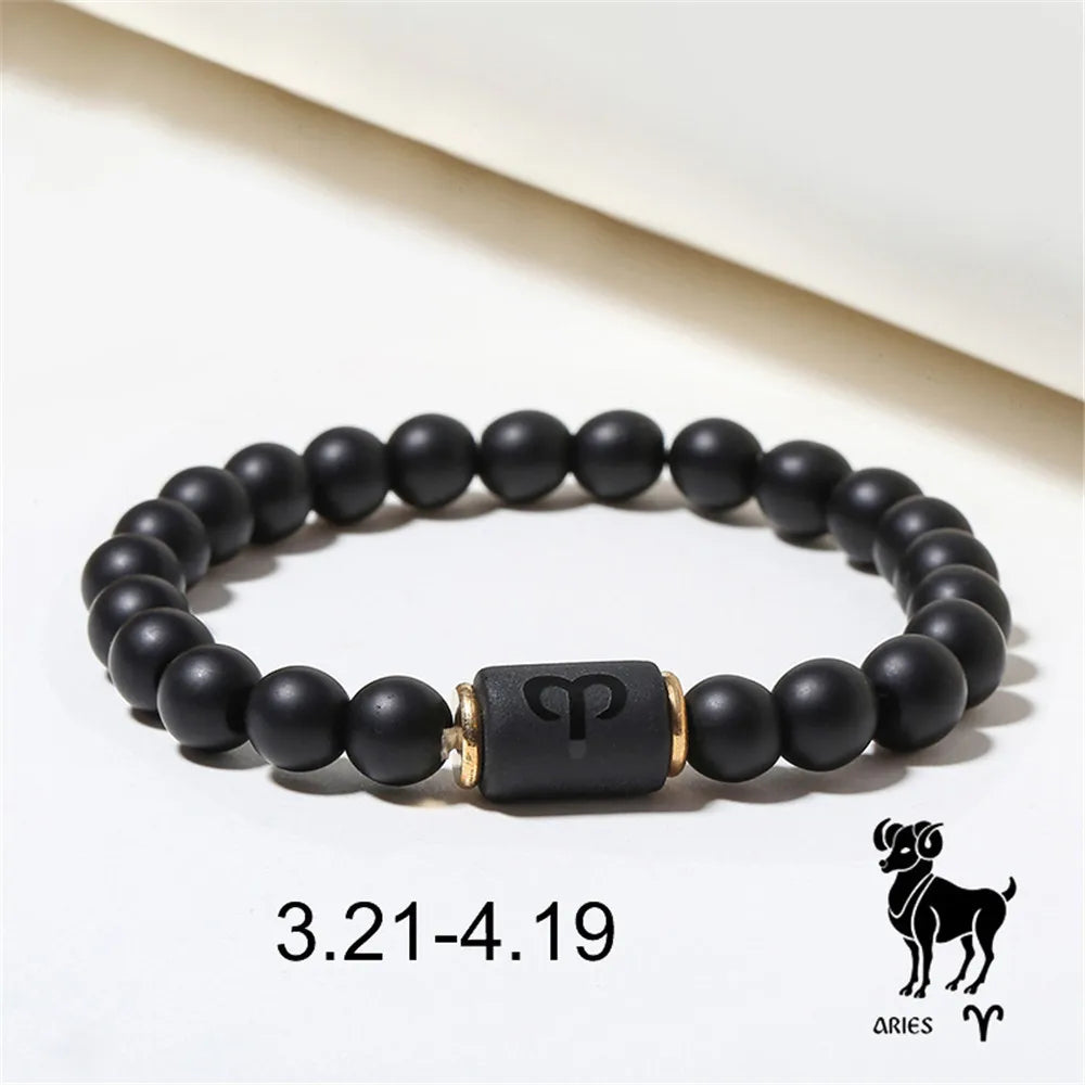 Zodiac Frisado Pulseiras para Homens e Mulheres, 12 Constelações, Ágata Matte Preto, Corda Elástica, Contas Pulseira, Casal Jóias, Presentes