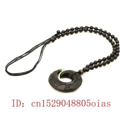 Chinês natural preto verde jade decorativo runa pingente contas colar charme jóias obsidiana dupla face esculpida amuleto presentes