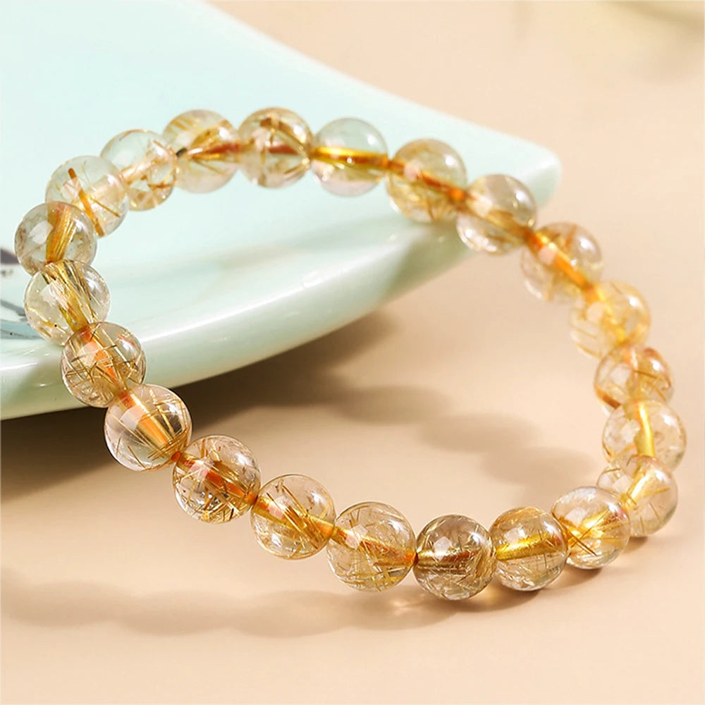 Natural dourado rutilado quartzo cristal pulseira fio contas pulseiras a pedra da riqueza jóias contas pulseiras decoração
