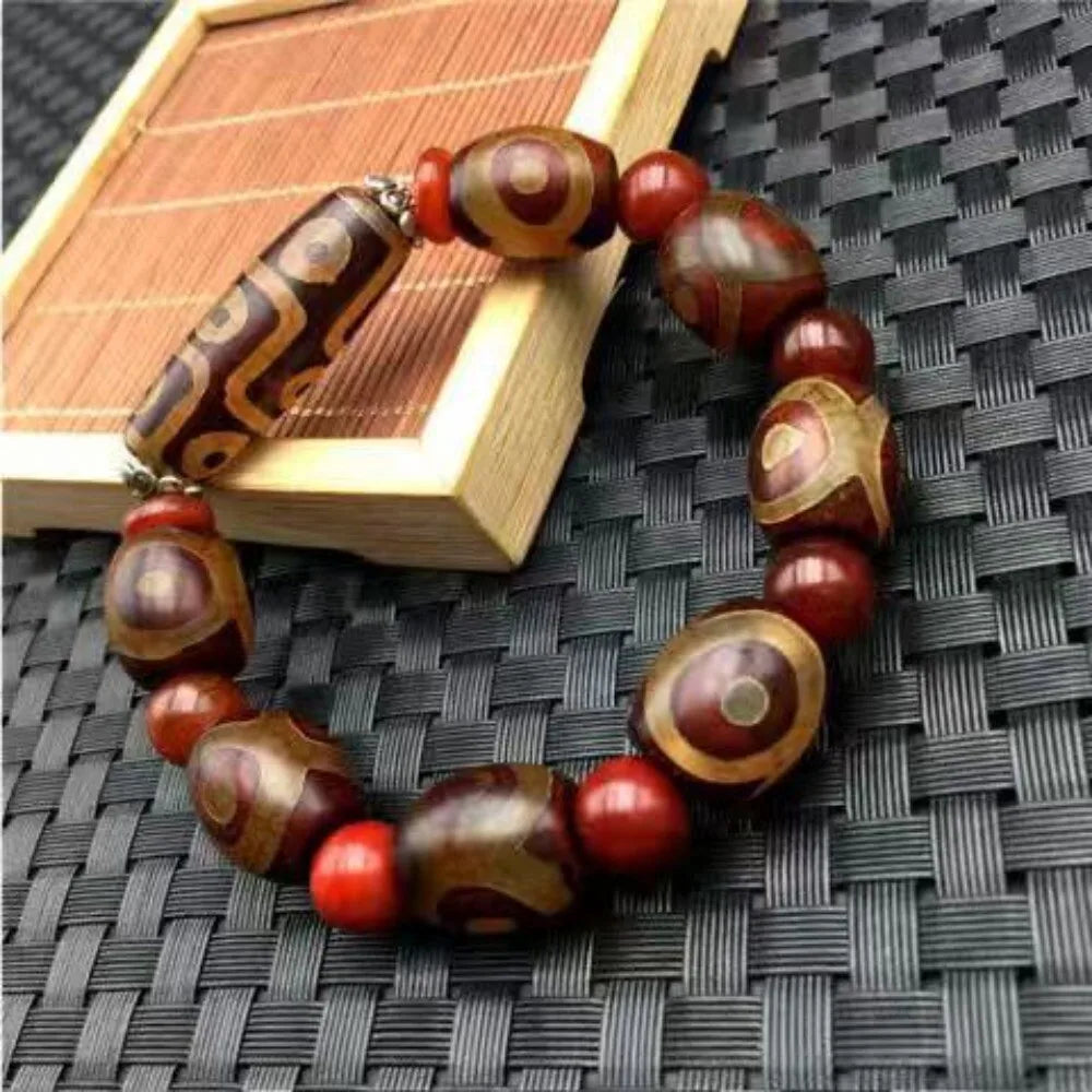 Pulseira de Contas Dzi Tibetanas de Nove e Três Olhos, Contas de Ágata Cornalina em Formato de Tambor, Unissex