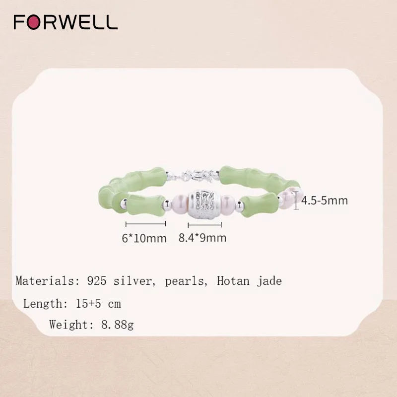 Pulseira de Prata Esterlina de Alta Qualidade com Pérola Natural e Jade Hetian em Forma de Nó de Bambu para Mulheres, Presente de Joalheria