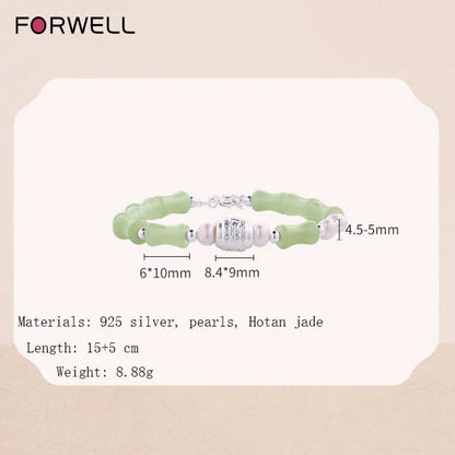 Pulseira de Prata Esterlina de Alta Qualidade com Pérola Natural e Jade Hetian em Forma de Nó de Bambu para Mulheres, Presente de Joalheria